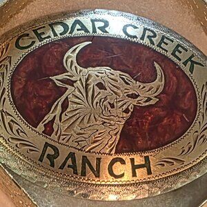 Vintage Metal Belt Buckle, Brass and Silver, Bull, Steer, Cedar Creek Ranch, Nic